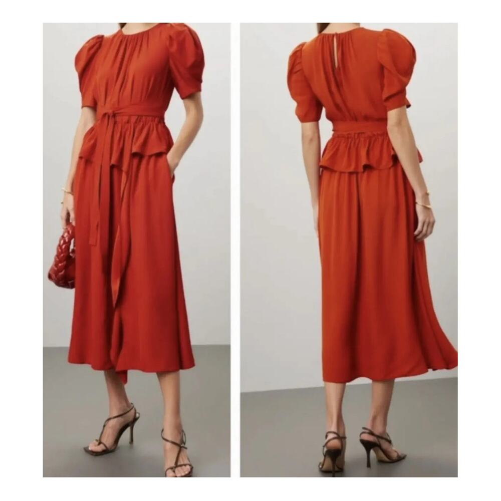 Ulla Johnson Midi Dress Marion Rust Red Ruffle Belted Waist